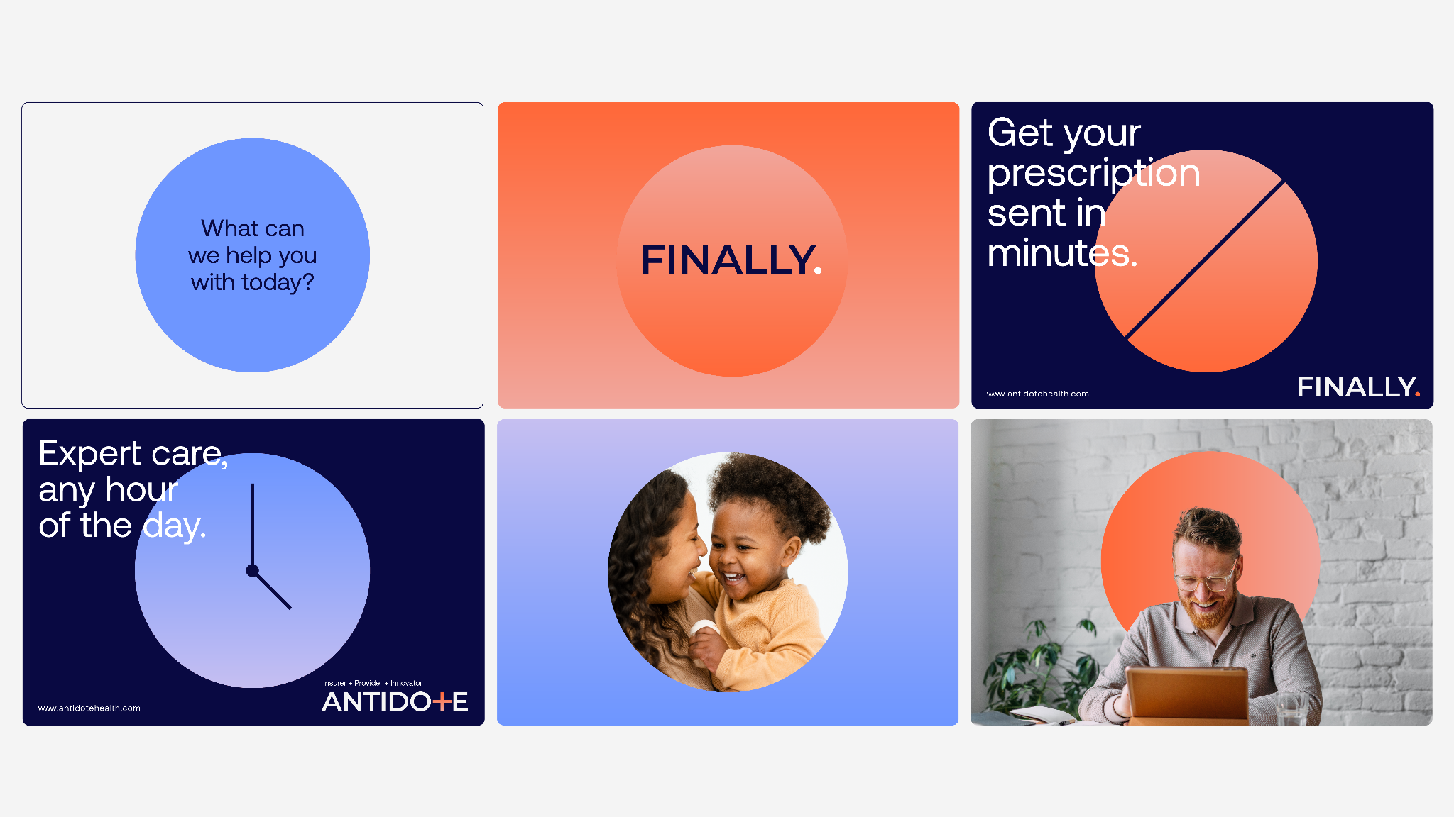 Antidote Health campaign brand board , six unmistakably-FINALLY ad executions across OOH, social and product.