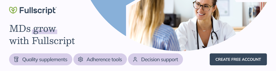 Fullscript MD acquisition banner , &lsquo;MDs grow with Fullscript&rsquo; with benefit chips and create-account CTA.