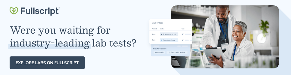 Fullscript lab diagnostics banner , close-up of laboratory test vials with branded messaging.