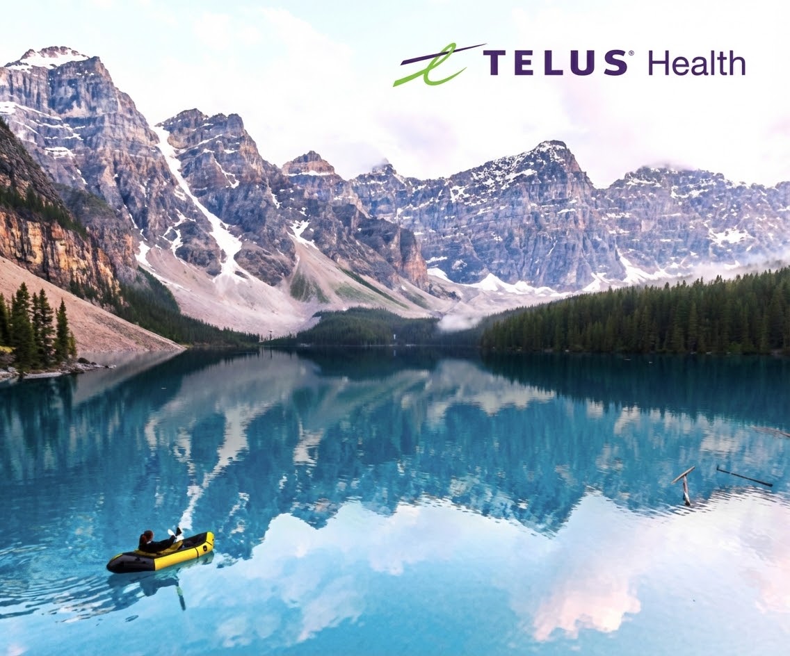 TELUS Health MyCare masterbrand key visual , canoe on a glassy mountain lake.