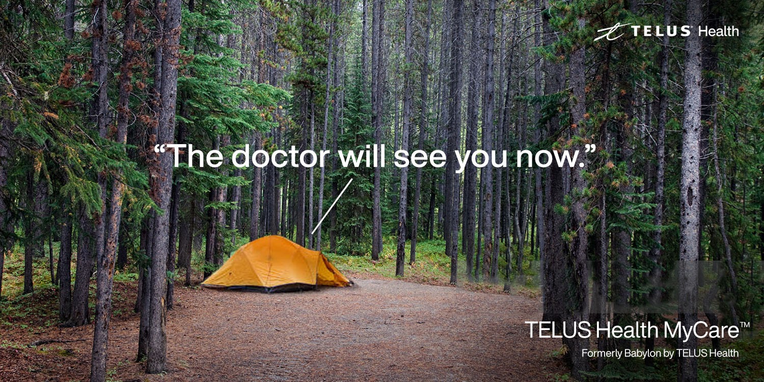 &lsquo;The doctor will see you now.&rsquo; TELUS Health MyCare wide-format OOH , orange tent in a pine forest.