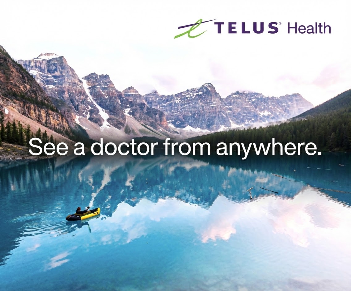 &lsquo;See a doctor from anywhere.&rsquo; TELUS Health MyCare OOH , lake kayaker in the Canadian Rockies.