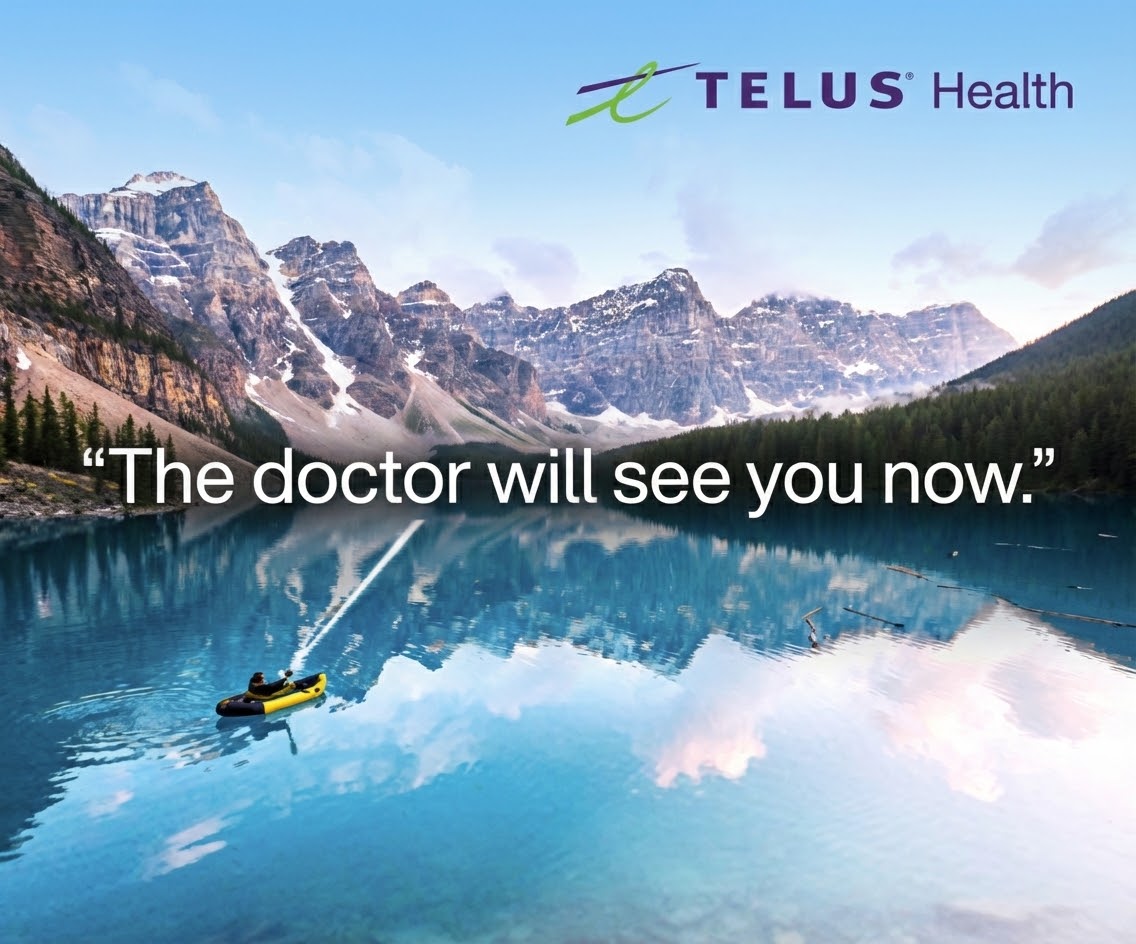 &lsquo;The doctor will see you now.&rsquo; TELUS Health MyCare campaign , canoe on lake with headline.