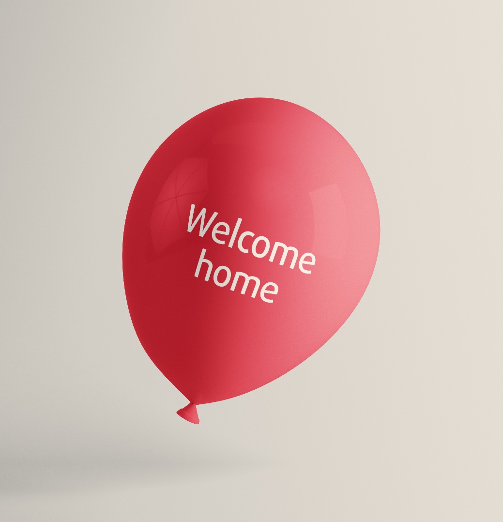 Red &lsquo;Welcome home&rsquo; balloon , SE Health brand-system object.