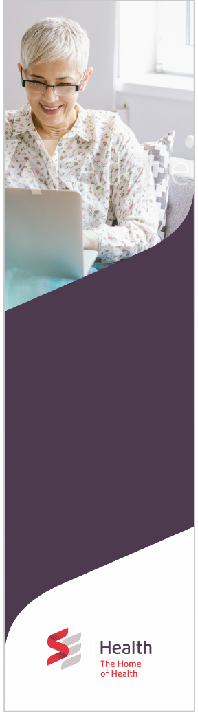 Vertical consumer banner , woman on laptop with plum swoosh and SE Health Home of Health lockup.