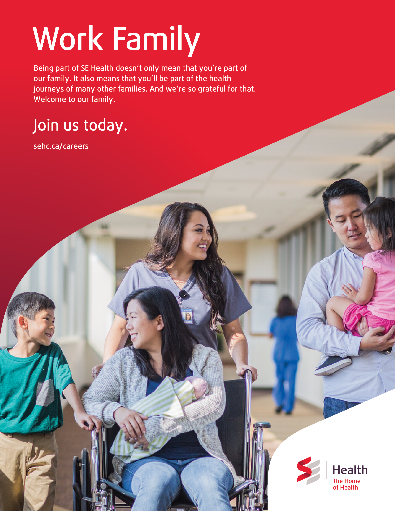 &lsquo;Work Family.&rsquo; recruitment poster , hallway scene with nurse, patient and family.