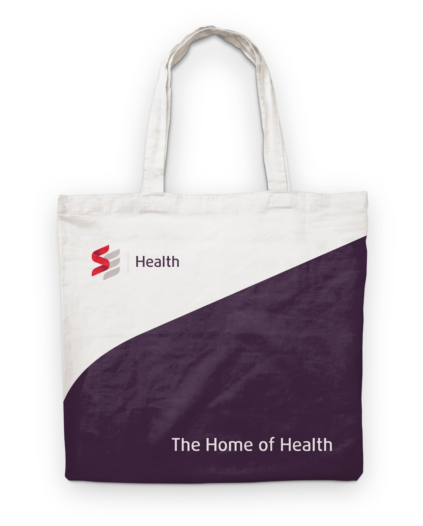 SE Health tote bag , diagonal plum and white stripes with Home of Health wordmark.