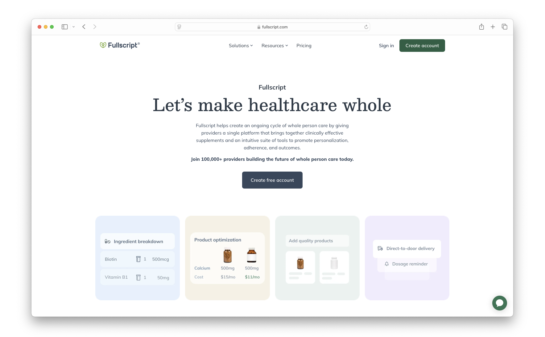 Fullscript.com homepage , ‘Let’s make healthcare whole’ hero with browser chrome and four product tiles.