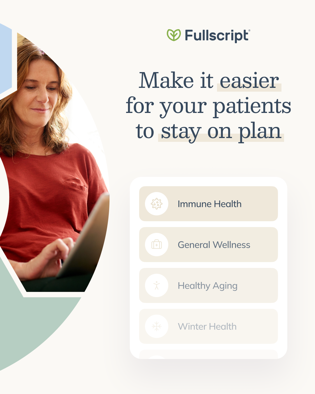 Fullscript campaign tile , ‘Make it easier for your patients to stay on plan’ with protocol chips.