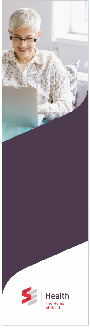 Vertical consumer banner , woman on laptop with plum swoosh and SE Health Home of Health lockup.